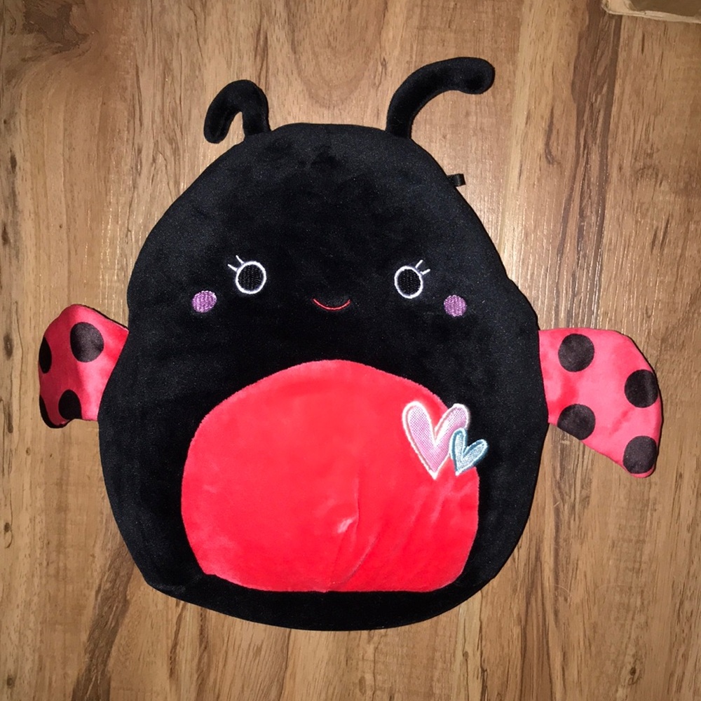 Plush Ladybug Soft Backpack in Black and Red with Heart Accent
